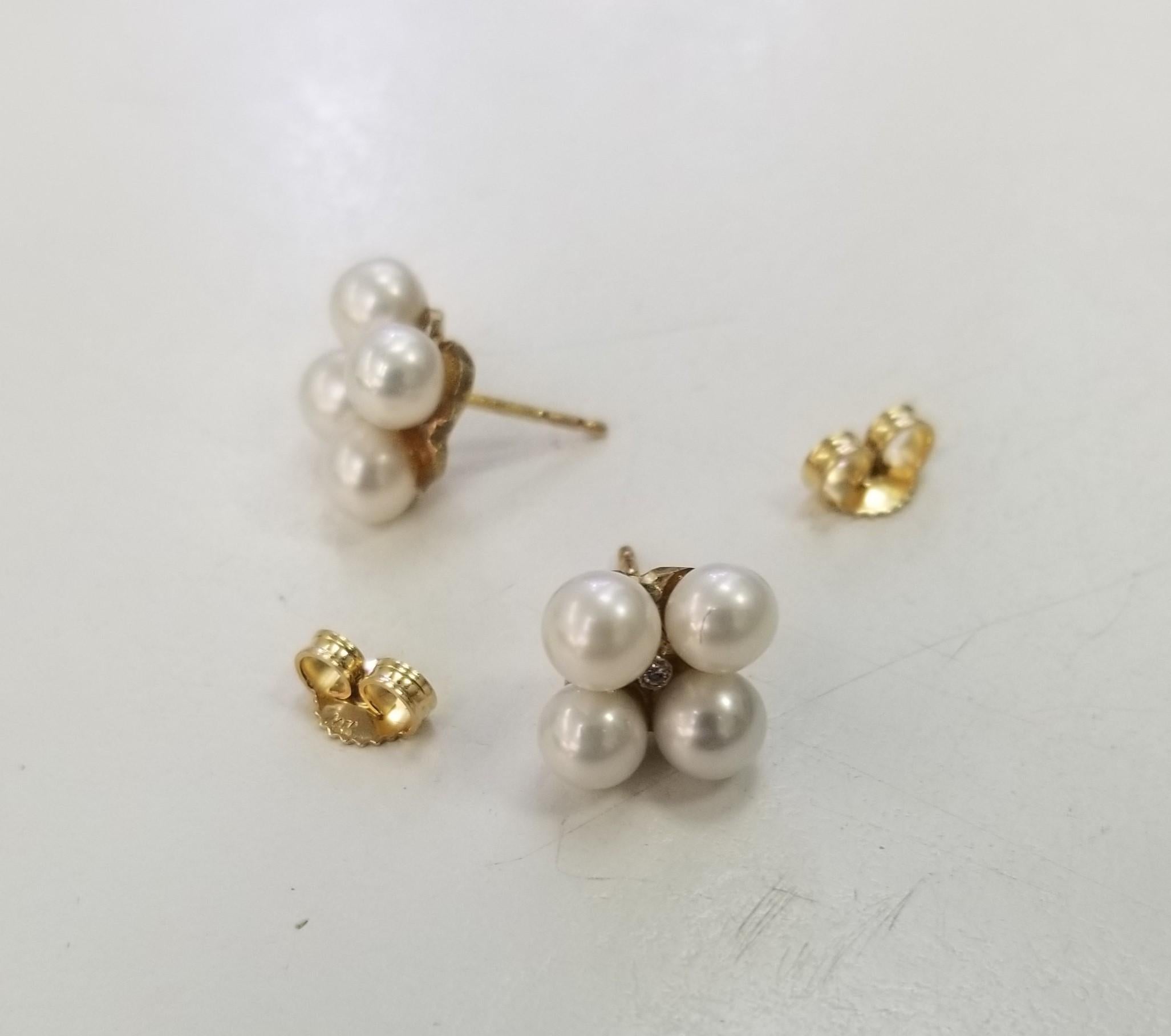 Artisan Vintage Pearl and  Diamond  Earrings in 14K Yellow Gold For Sale