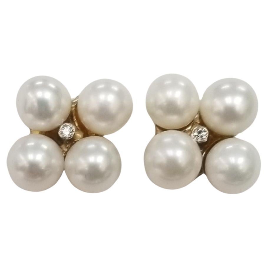Vintage Pearl and  Diamond  Earrings in 14K Yellow Gold