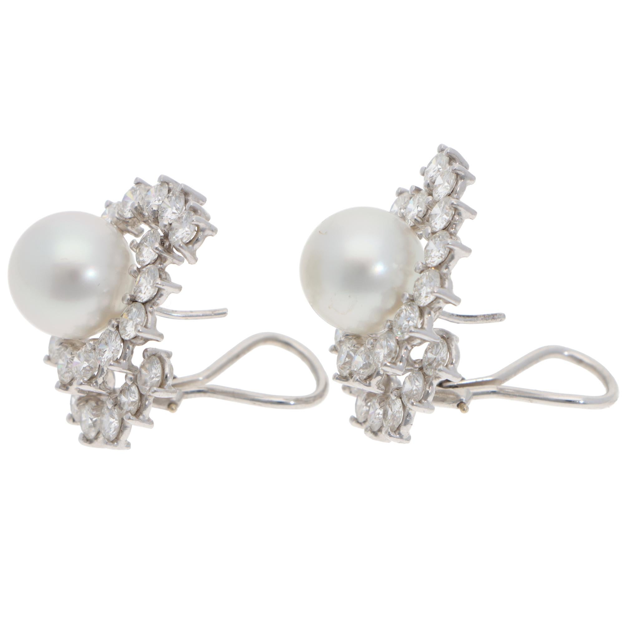 Brilliant Cut Vintage Pearl and Diamond Earrings in White Gold For Sale