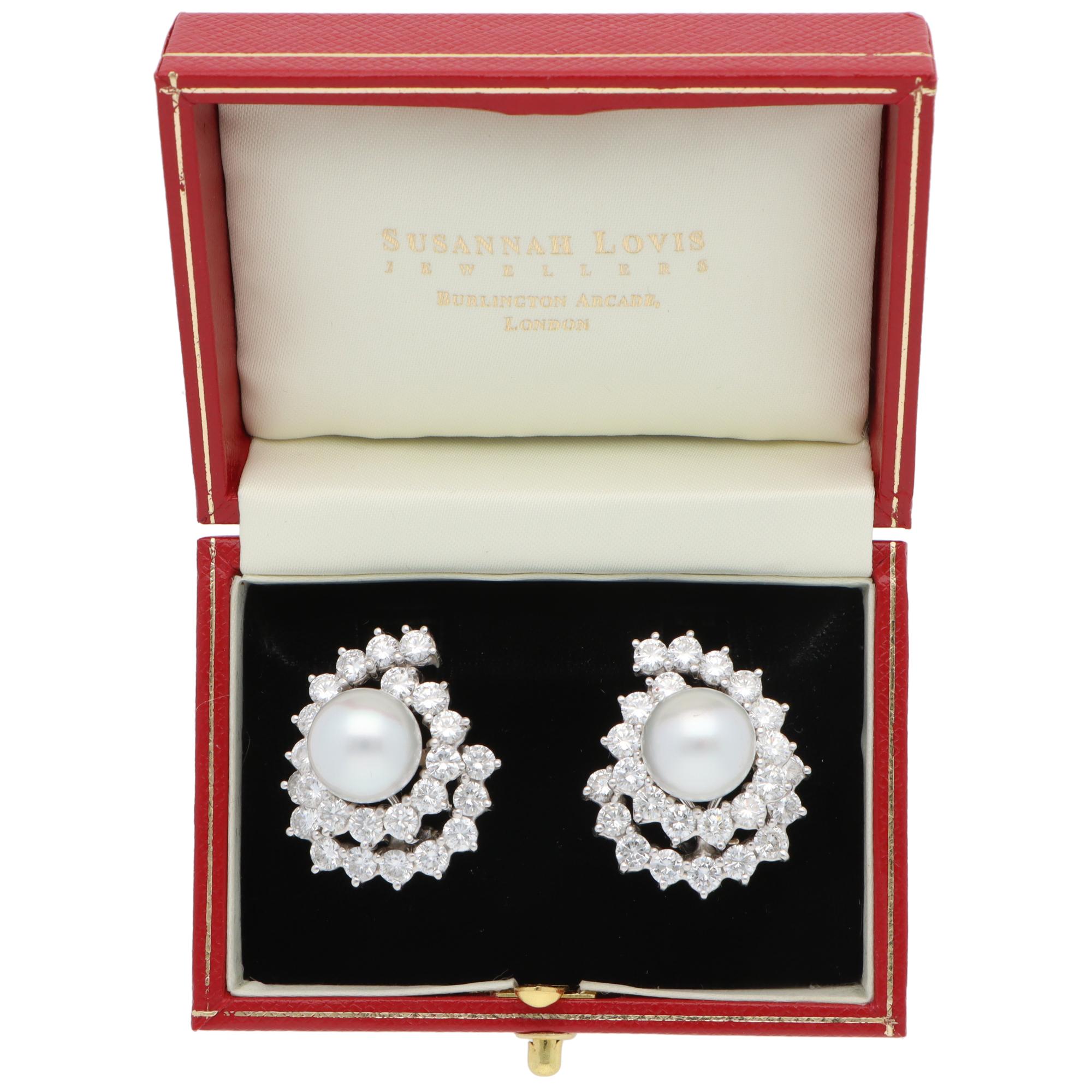 Women's or Men's Vintage Pearl and Diamond Earrings in White Gold For Sale