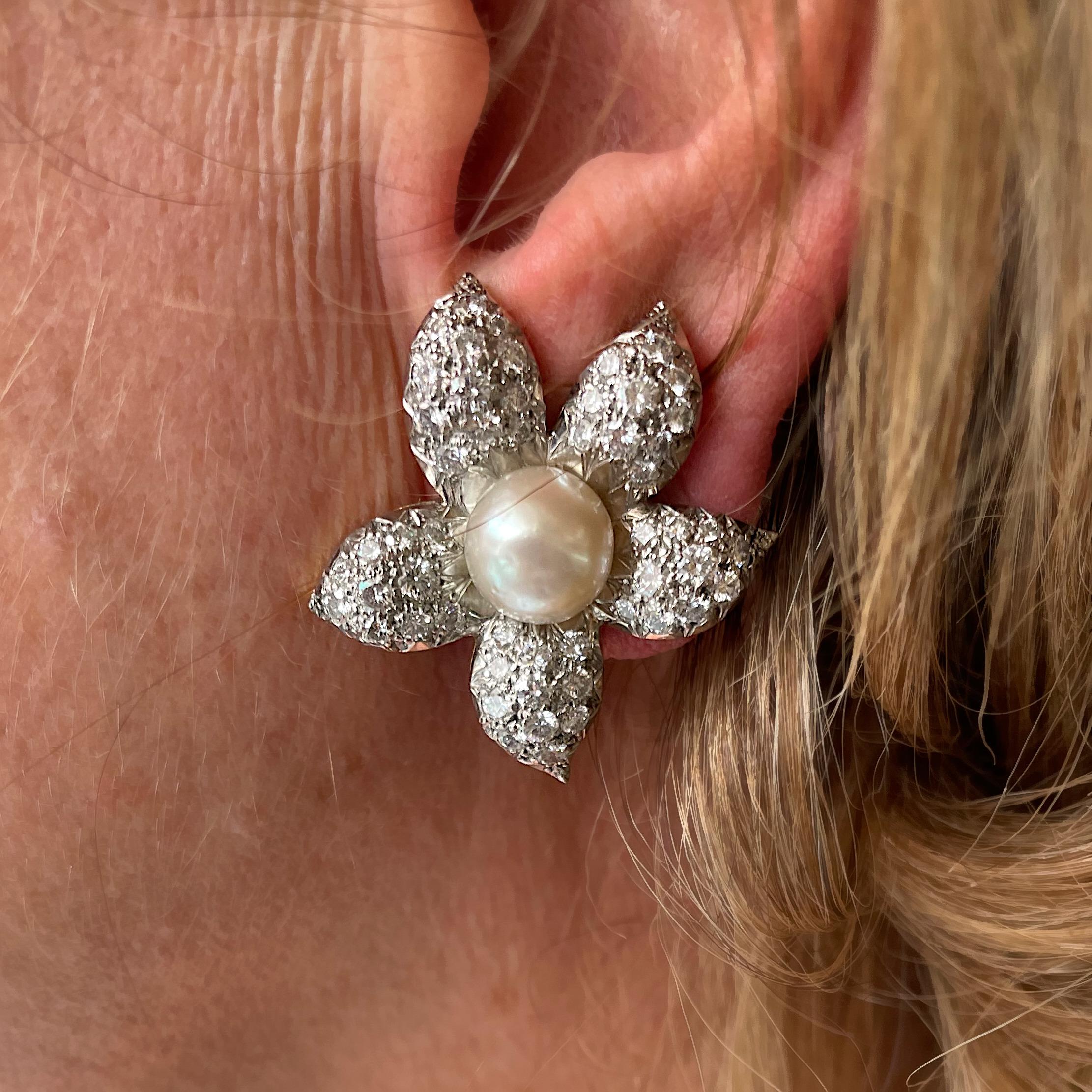 Round Cut Vintage Pearl and Diamond Flower Earrings, Circa 1950 For Sale