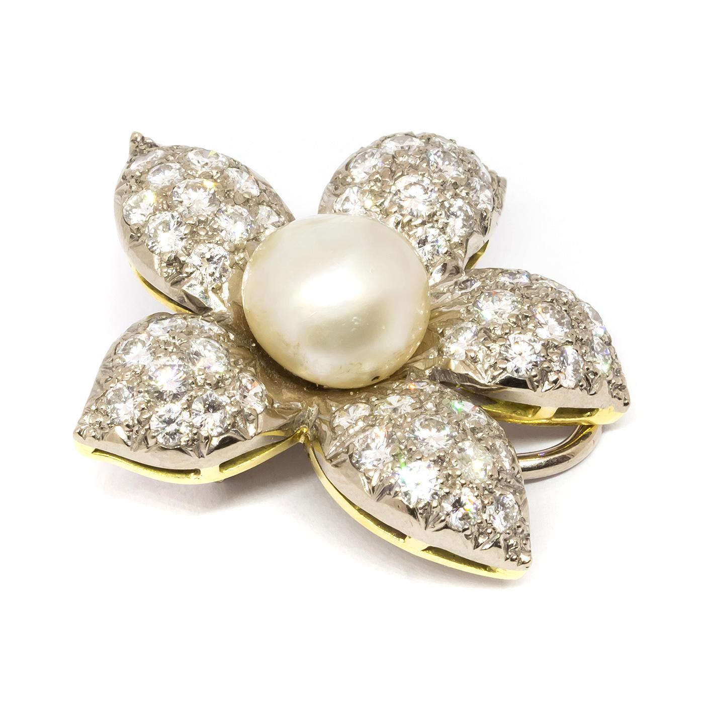 Vintage Pearl and Diamond Flower Earrings, Circa 1950 In Good Condition For Sale In London, GB