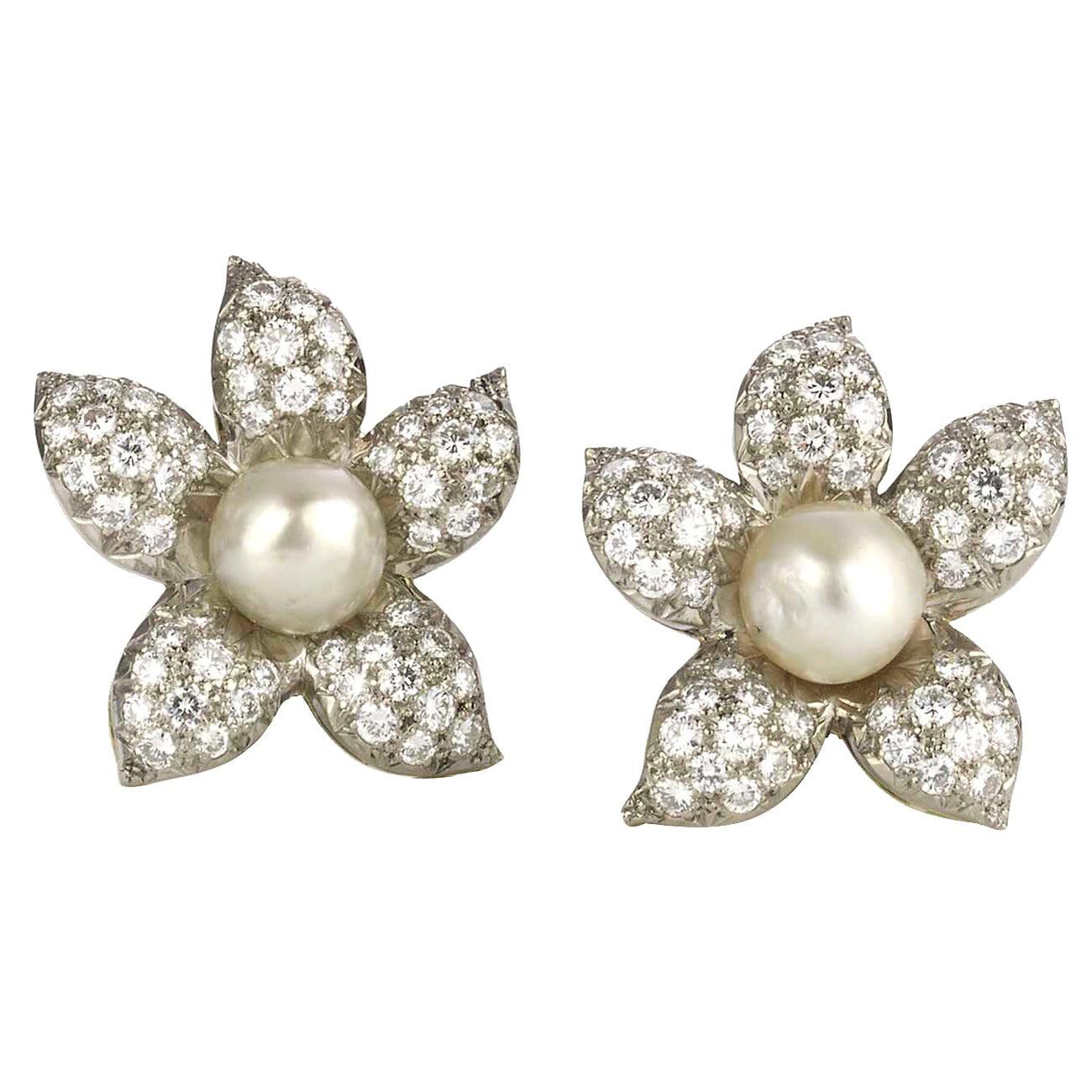 Vintage Pearl and Diamond Flower Earrings, Circa 1950 For Sale