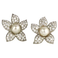 Vintage Pearl and Diamond Flower Earrings, Circa 1950