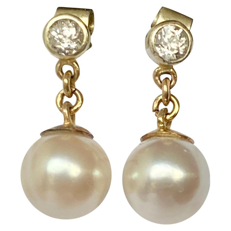 Vintage Pearl and Diamond Gold Drop Earrings For Sale
