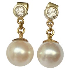 Retro Pearl and Diamond Gold Drop Earrings