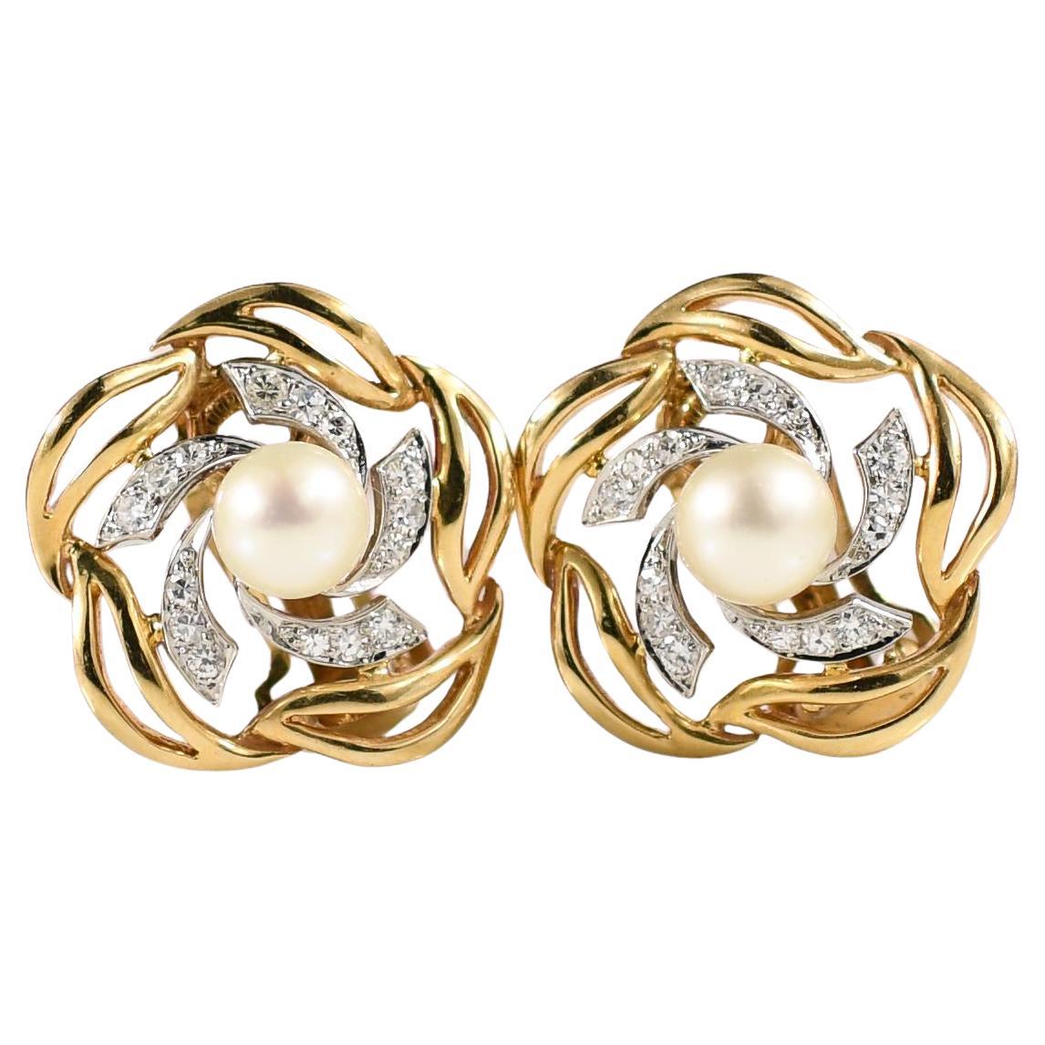 Vintage Pearl and Diamond Omega Back Earrings 14K Gold