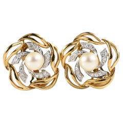 Retro Pearl and Diamond Omega Back Earrings 14K Gold