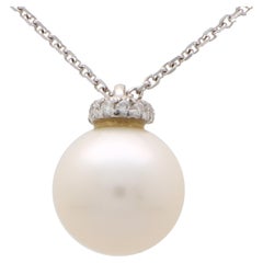 Vintage Pearl and Diamond Pendant Necklace in 18k White Gold