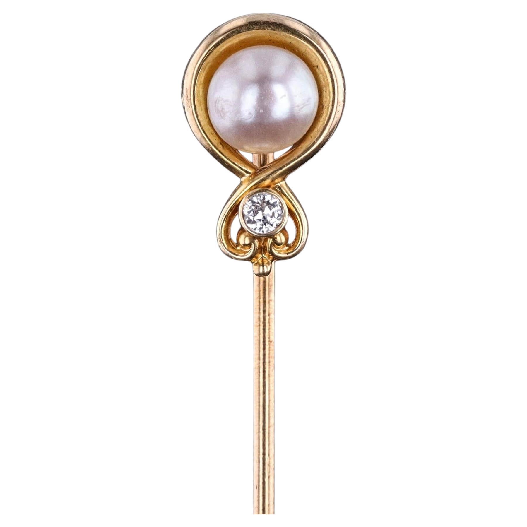 Epingle à baguette vintage en or 14k avec perles et diamants
