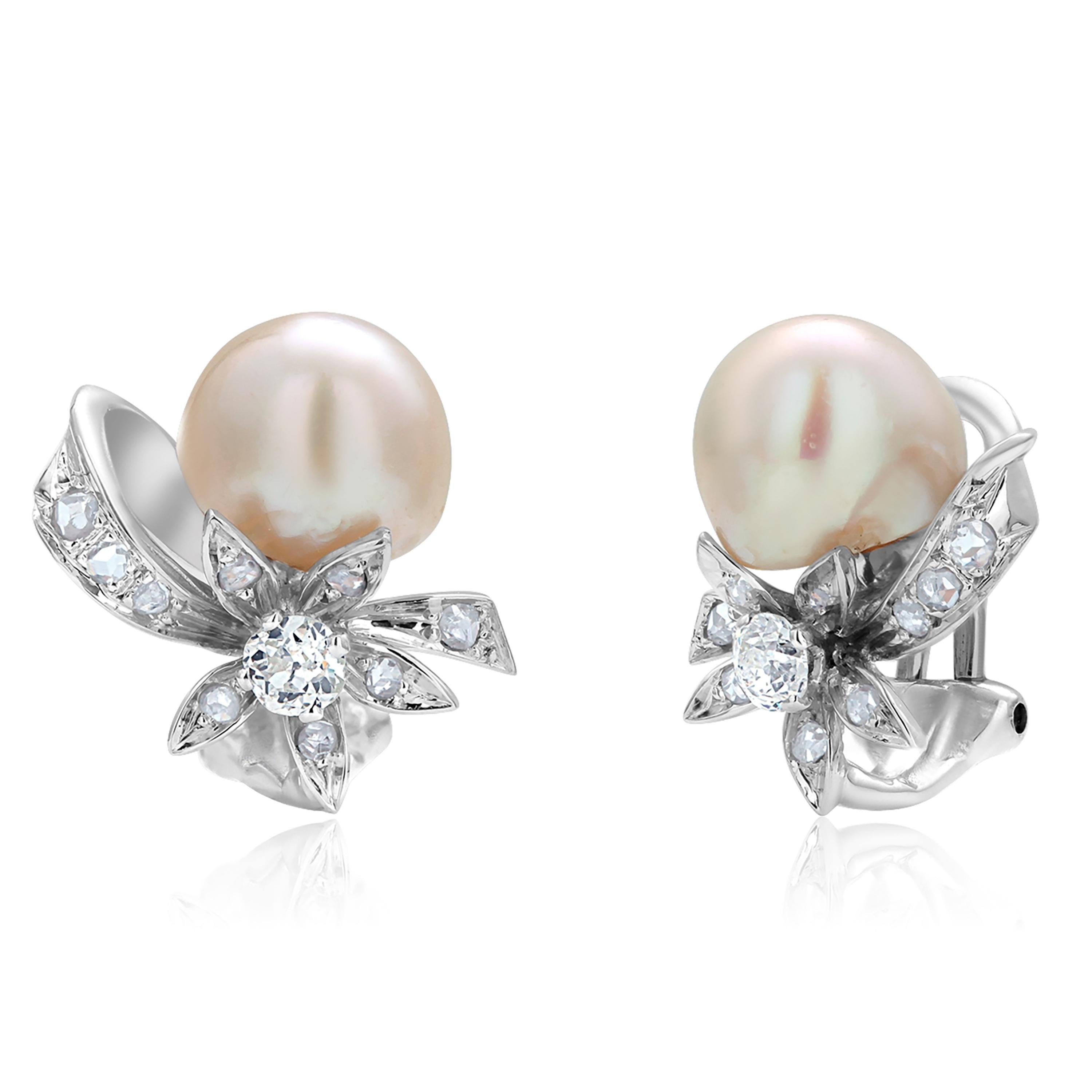 Art Deco Vintage Pearl and Diamond Tied Ribbon Eighteen Karat White Gold Clip Earrings 