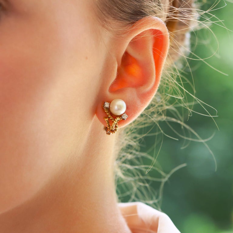 Vintage Pearl and Diamond Twisted Rope Clip Earrings in 18k Yellow Gold