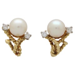Vintage Pearl and Diamond Twisted Rope Clip Earrings in 18k Yellow Gold
