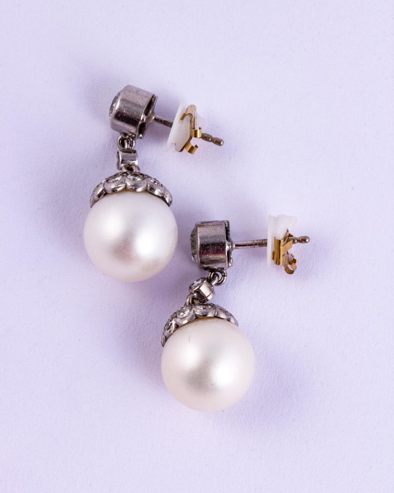 Vintage Pearl and Diamond White Gold Drop Earrings For Sale at 1stDibs