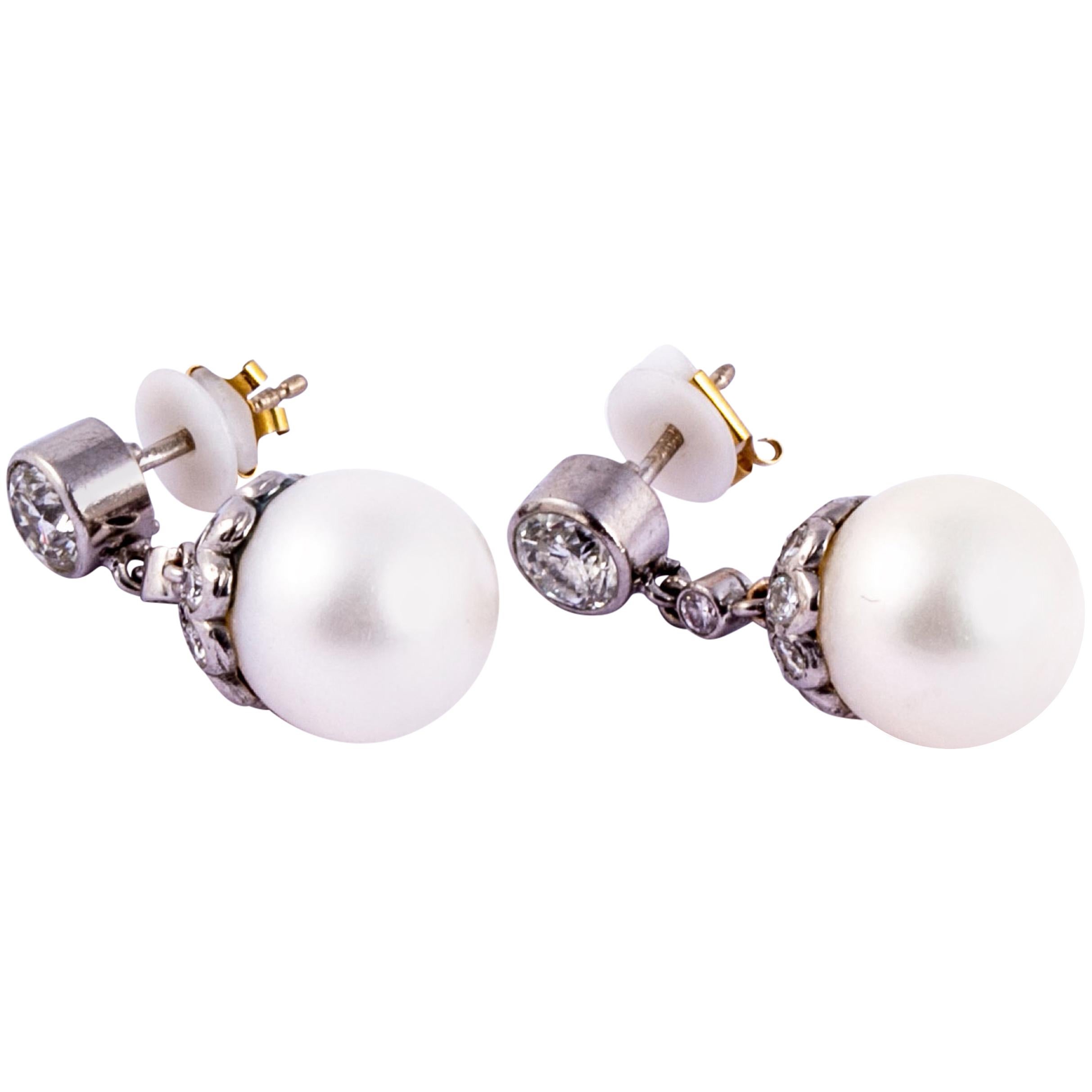 Vintage Pearl and Diamond White Gold Drop Earrings For Sale