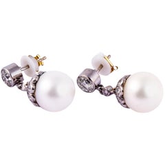 Retro Pearl and Diamond White Gold Drop Earrings