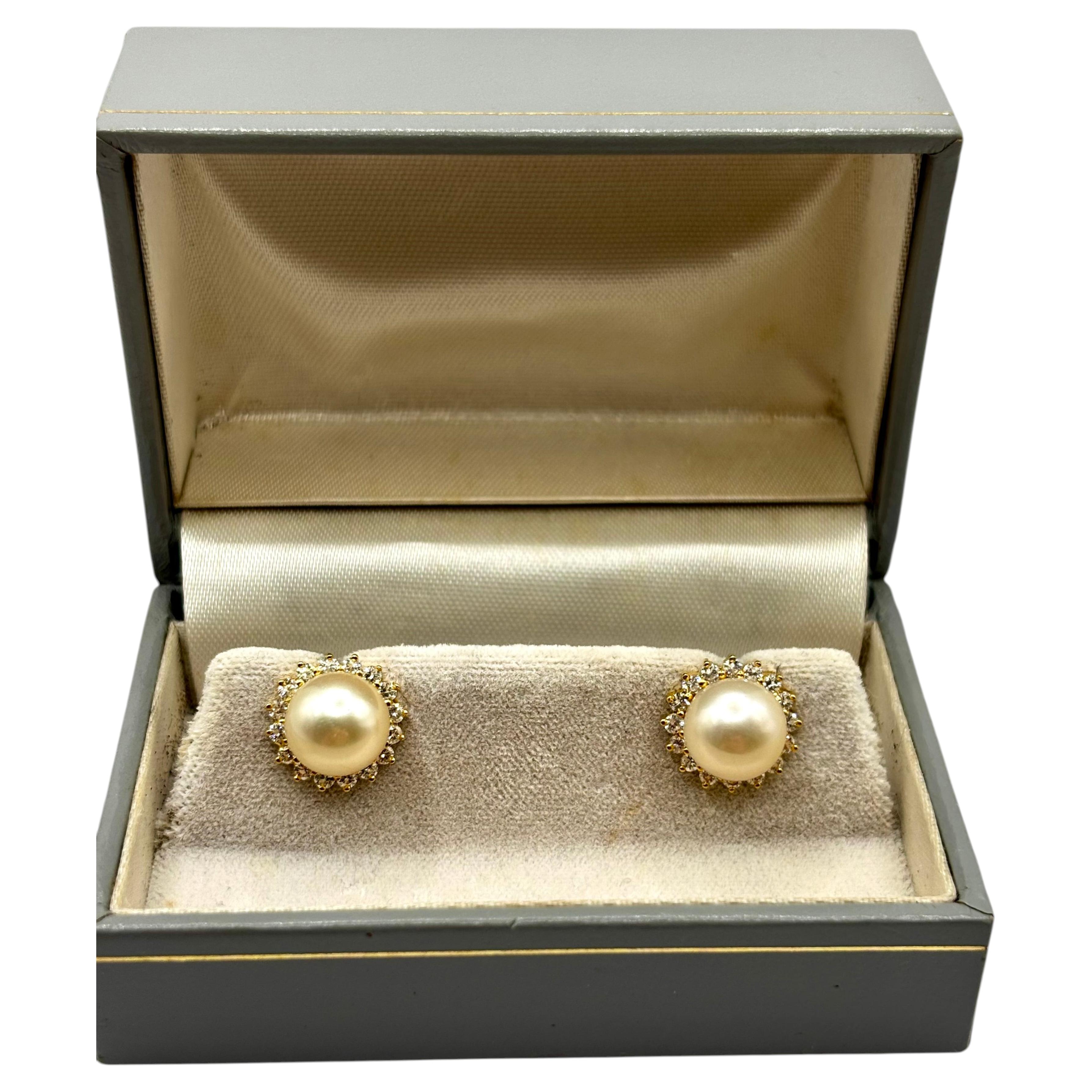 Vintage Pearl and Diamonds Cluster Earrings 9mm Pearls 18K Gold top condition