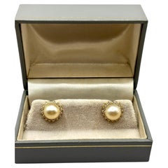 Vintage Pearl and Diamonds Cluster Earrings 9mm Pearls 18K Gold top condition