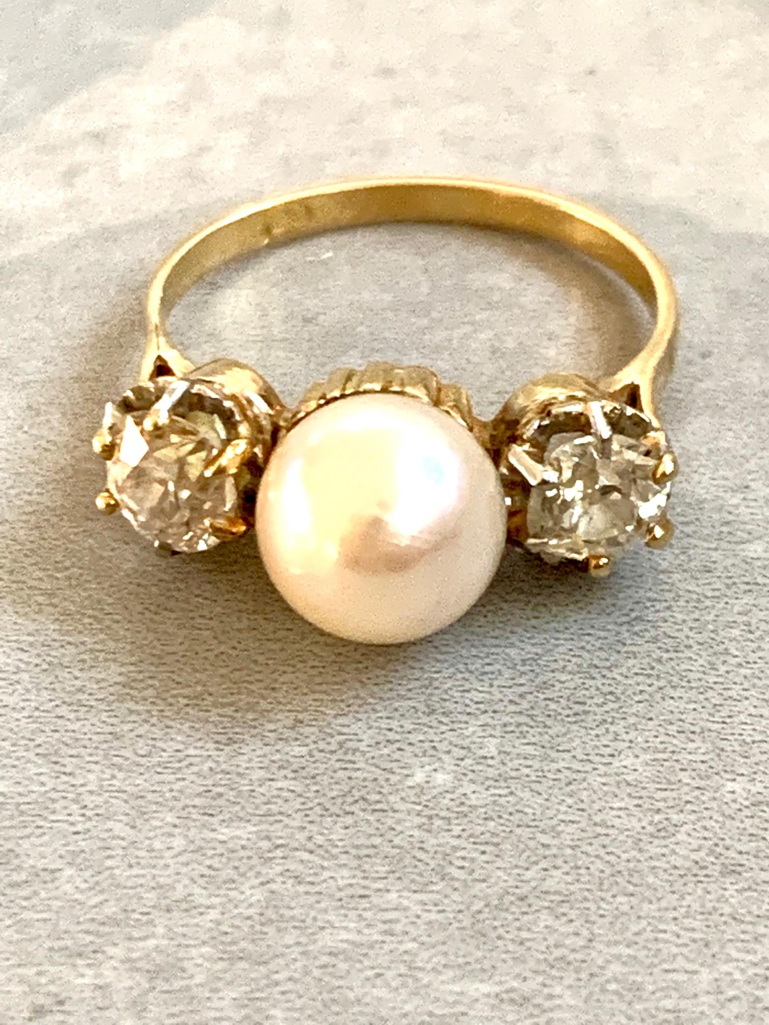 Vintage Pearl and Euro Cut Diamond 18 Karat Yellow Gold Ring - Size 6 3