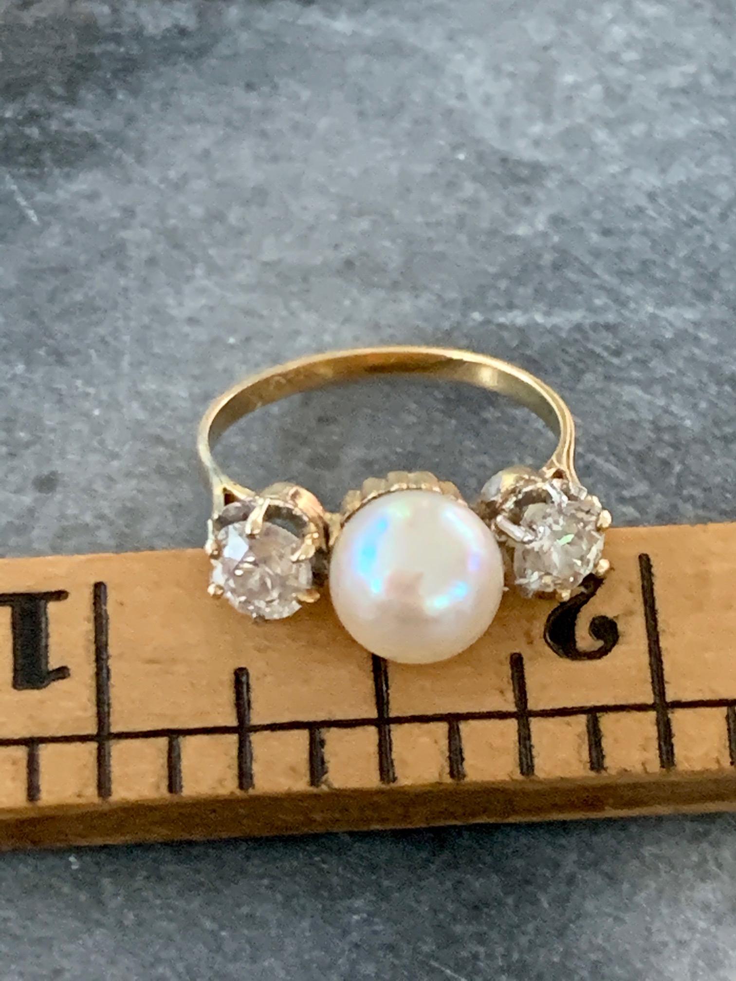 Vintage Pearl and Euro Cut Diamond 18 Karat Yellow Gold Ring - Size 6 5