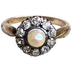 Vintage Pearl and European Cut Diamond 14 Karat Rose Gold Circle Ring - Size 8