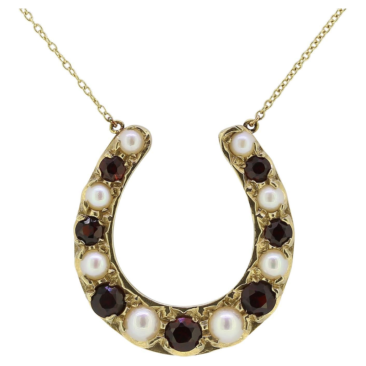 Vintage Pearl and Garnet Horseshoe Necklace For Sale
