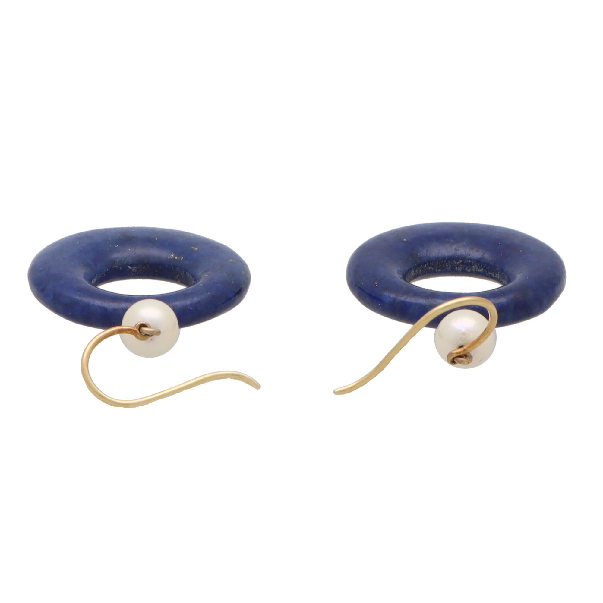 Retro Vintage Pearl and Lapis Lazuli Drop Earrings Set in 18k Yellow Gold