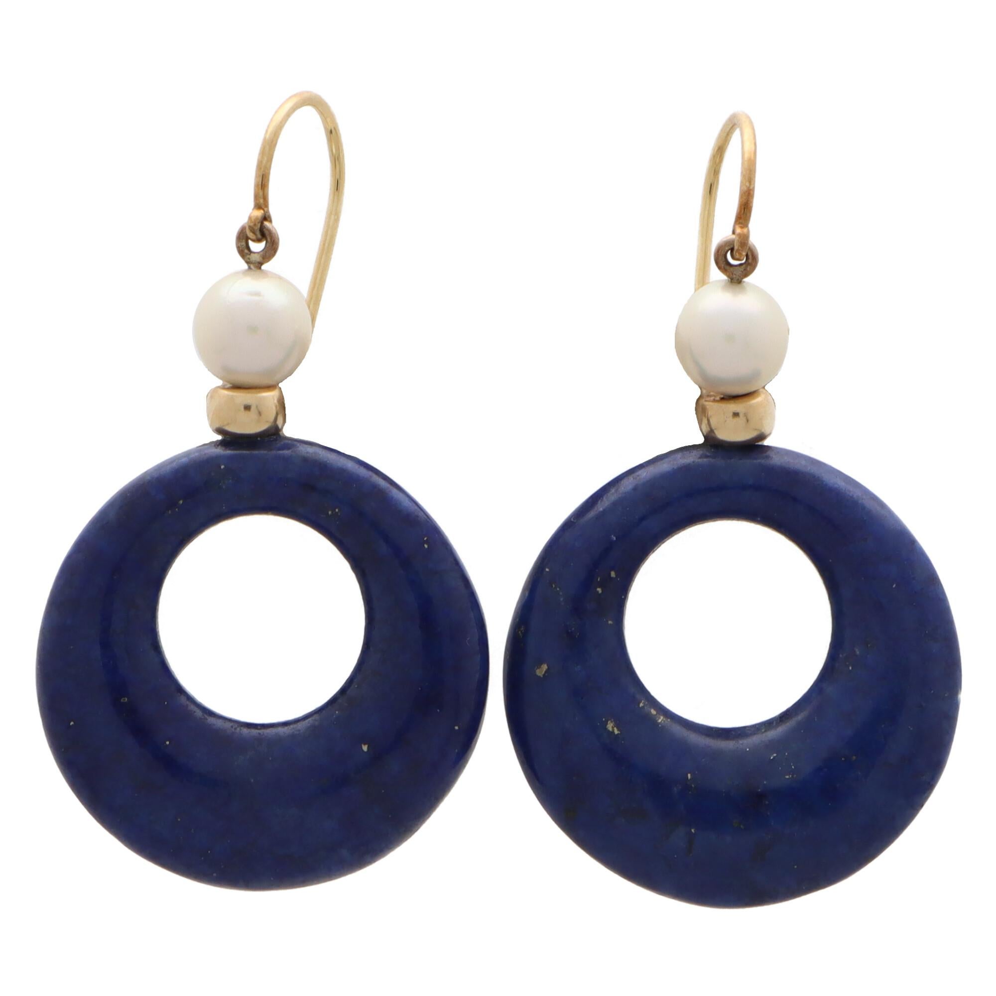 Round Cut Vintage Pearl and Lapis Lazuli Drop Earrings Set in 18k Yellow Gold