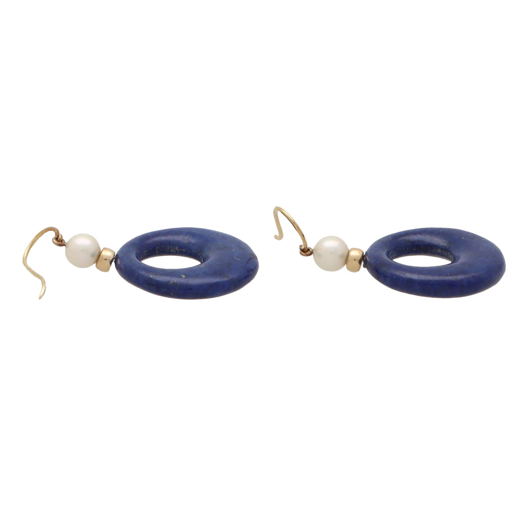 Vintage Pearl and Lapis Lazuli Drop Earrings Set in 18k Yellow Gold In Excellent Condition In London, GB