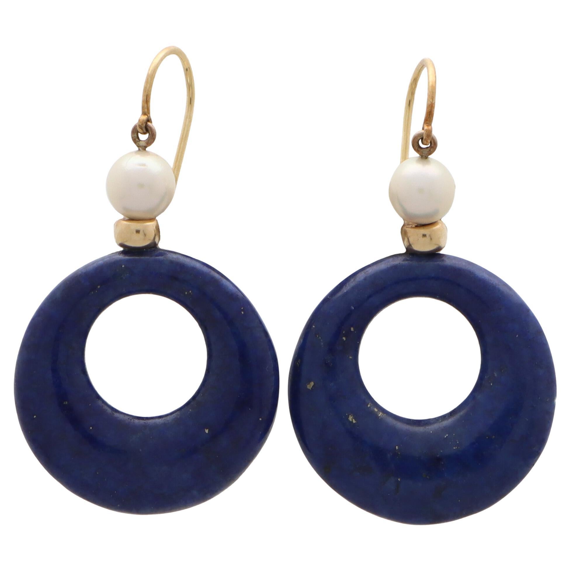 Vintage Pearl and Lapis Lazuli Drop Earrings Set in 18k Yellow Gold