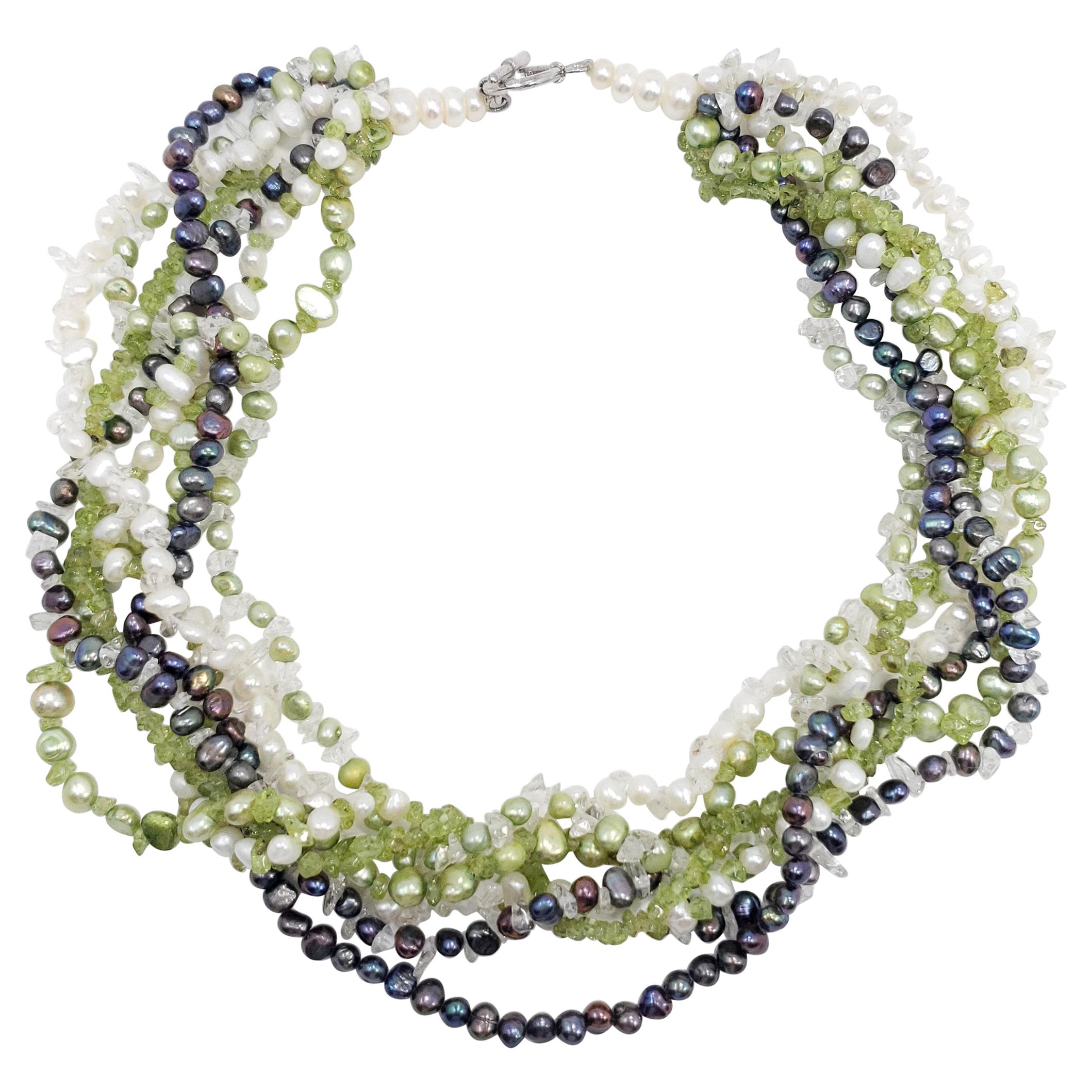 Mehrreihige Halskette mit Perlen und Quarz auf Silberverschluss mit Toggle-Verschluss