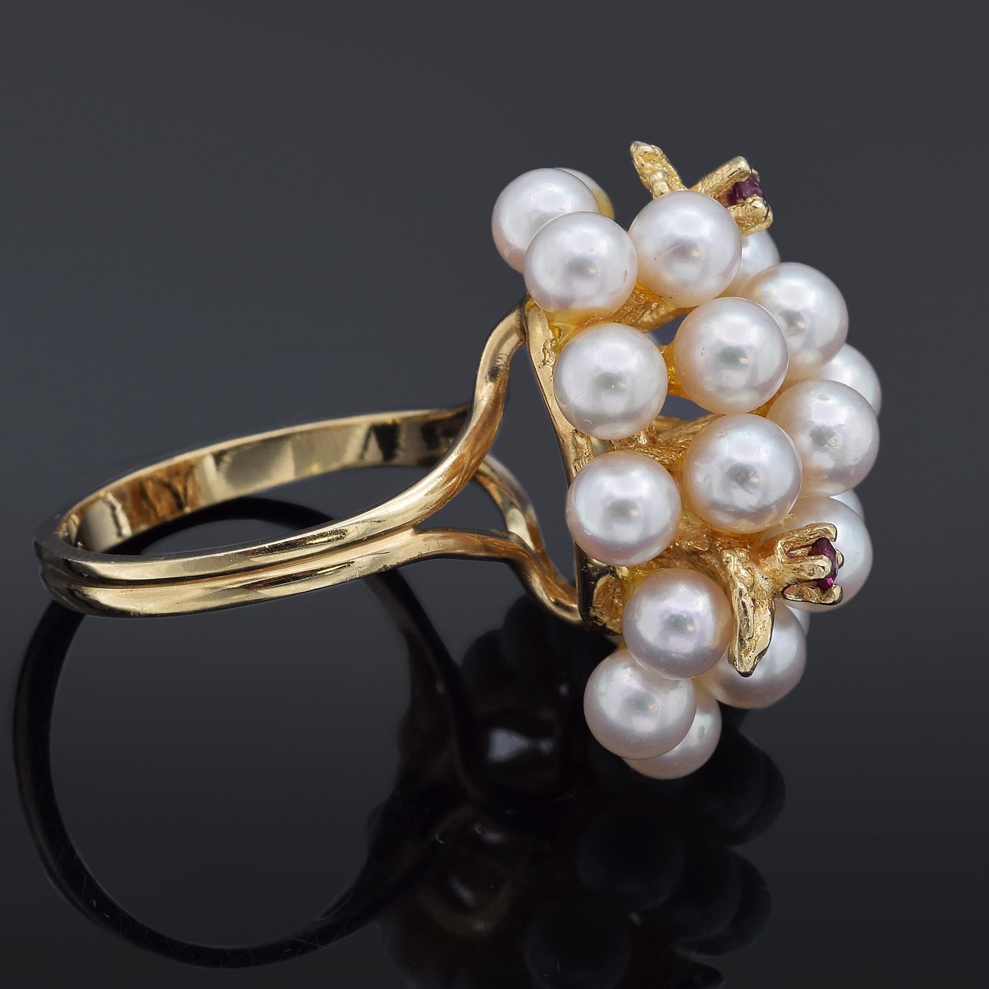 Gelbgold-Cluster-Cocktailring mit Perlen und Rubinen, Vintage, Größe 7,25 (Rundschliff)