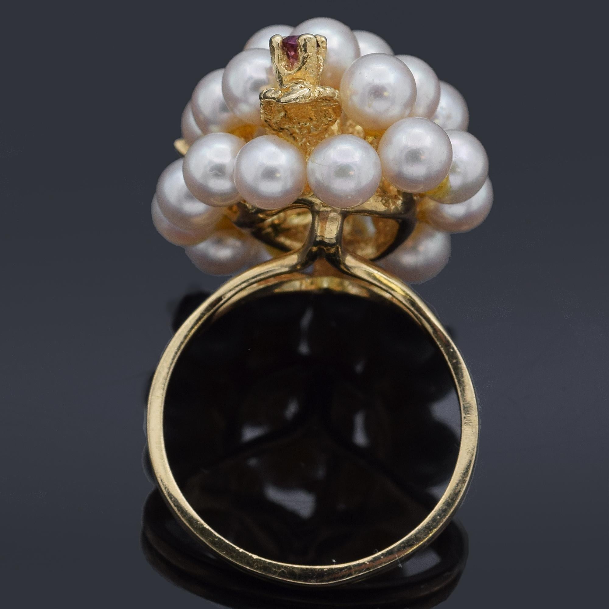 Gelbgold-Cluster-Cocktailring mit Perlen und Rubinen, Vintage, Größe 7,25 Damen