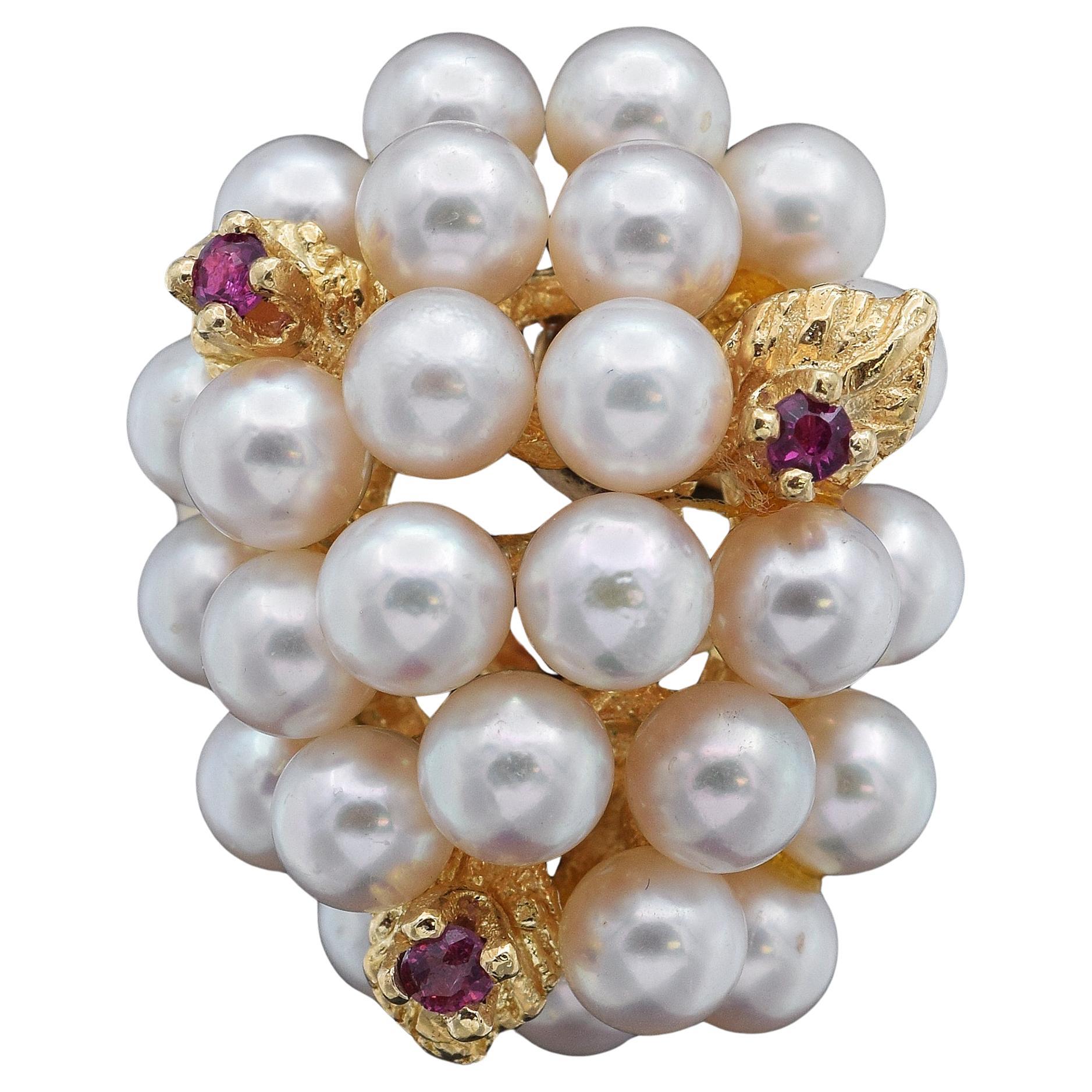 Gelbgold-Cluster-Cocktailring mit Perlen und Rubinen, Vintage, Größe 7,25