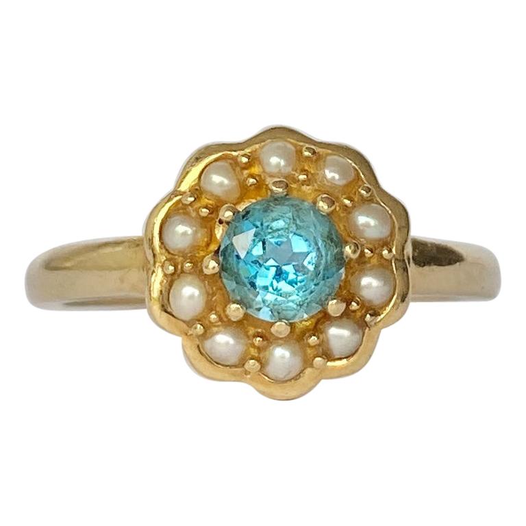 9 Karat Gold Cluster-Ring mit Perle und Topas im Angebot