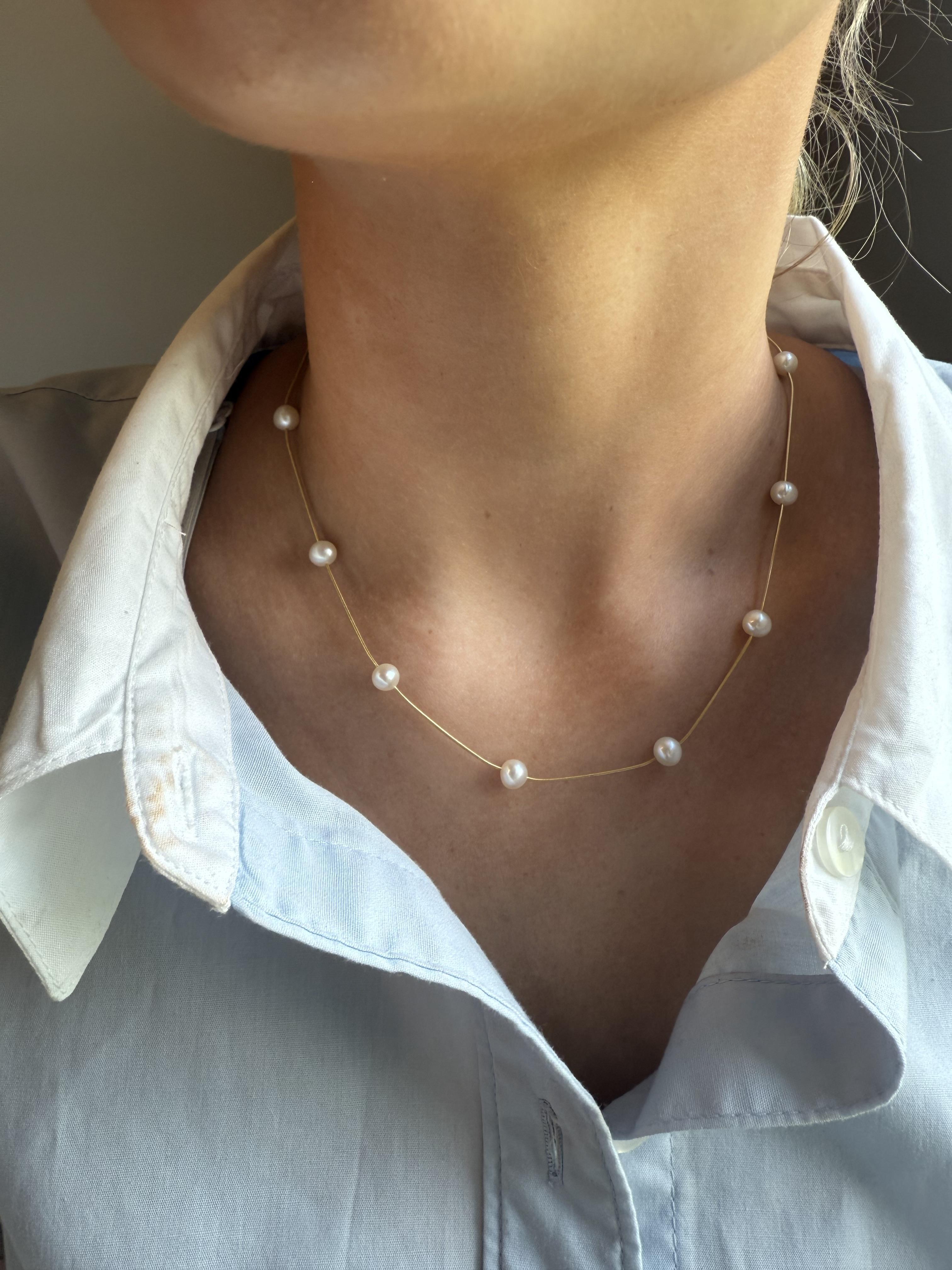 Contemporary Vintage Pearl Bead Gold Station Necklace For Sale