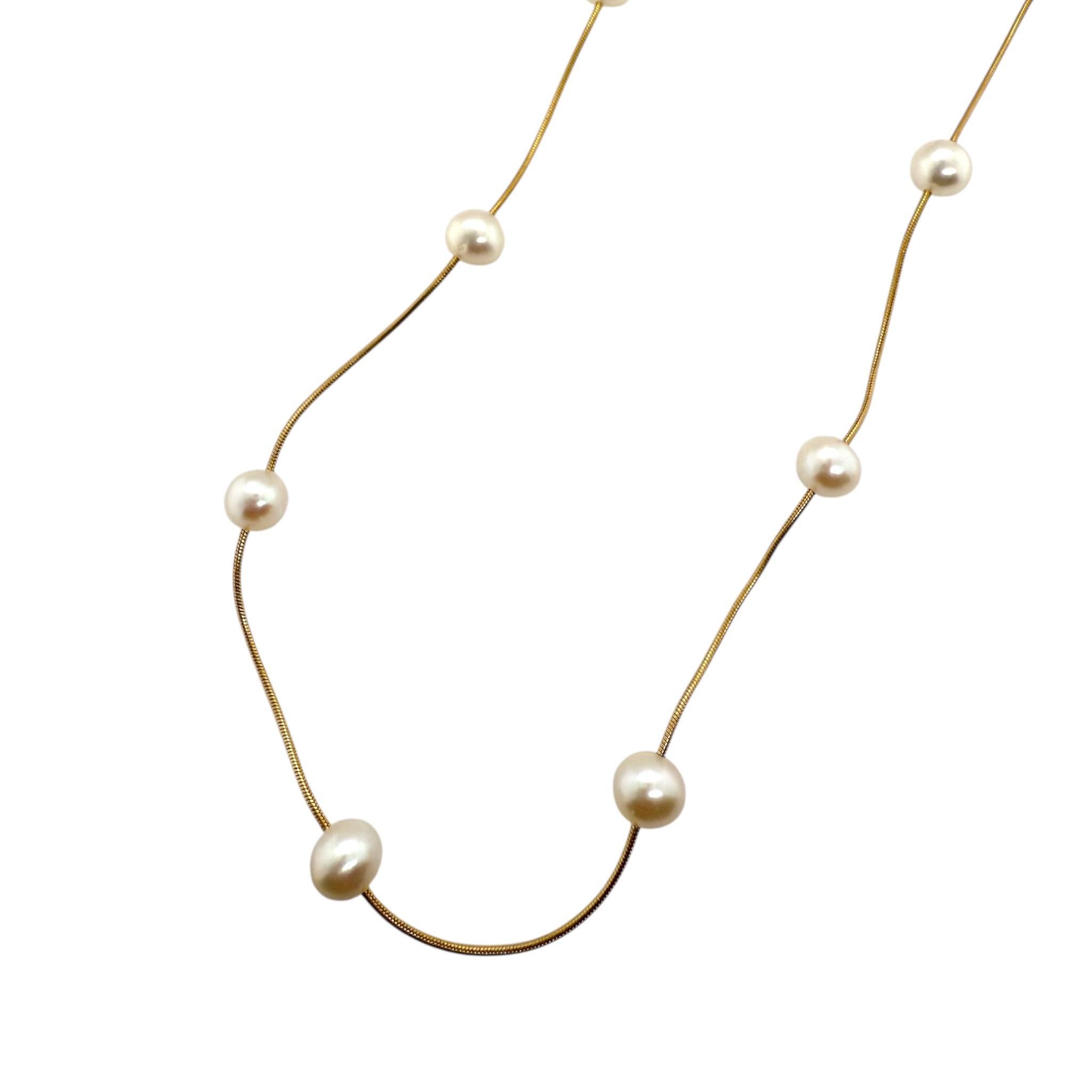 Round Cut Vintage Pearl Bead Gold Station Necklace For Sale
