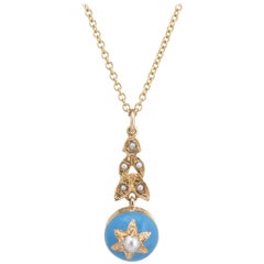 Vintage Pearl Blue Enamel Star Necklace 14 Karat Yellow Gold Estate Fine Jewelry