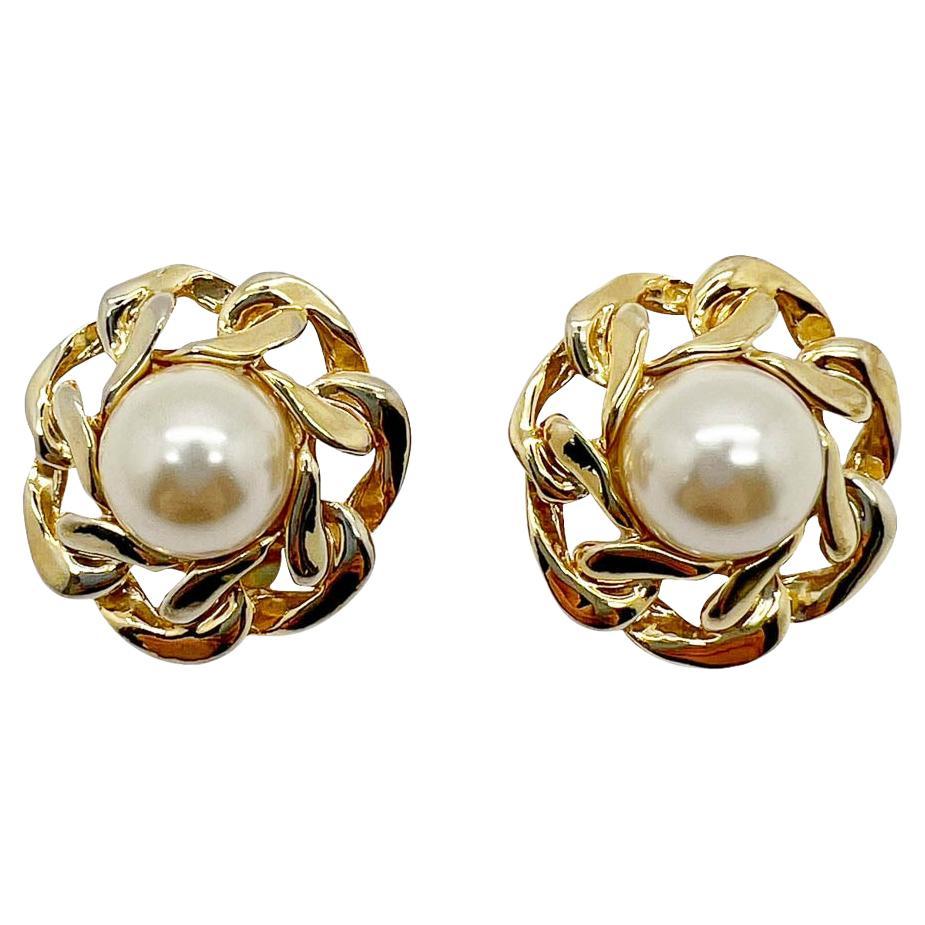 Vintage Pearl Chunky Link Earrings 1980s For Sale