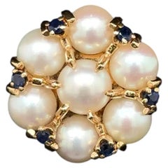 Vintage Pearl Cluster and Sapphire Gold Ring Estate Fine Jewelry