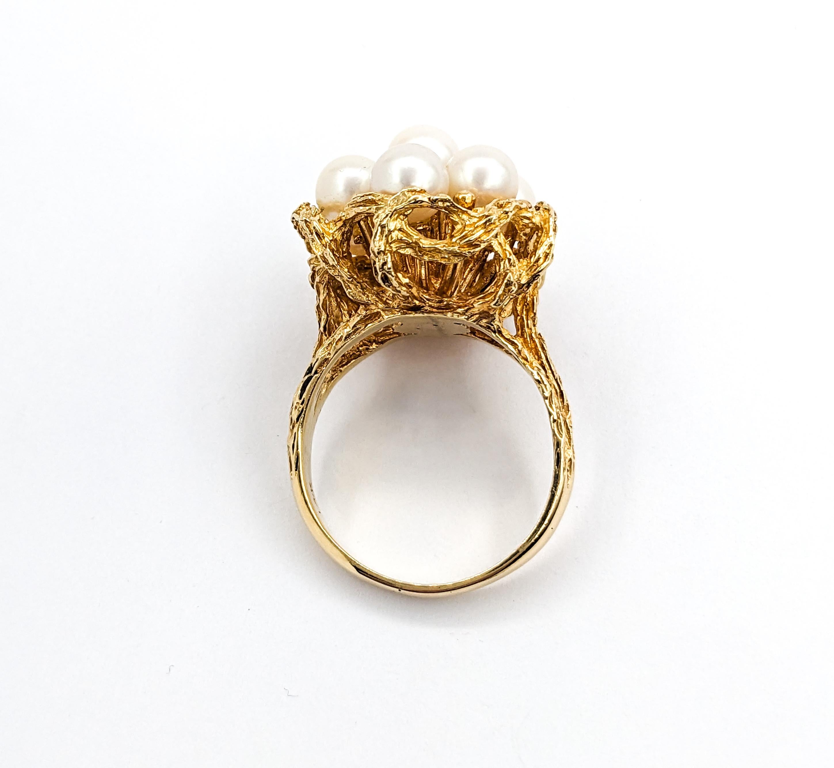 Vintage Pearl Cluster Cocktail Ring In Yellow Gold For Sale 4