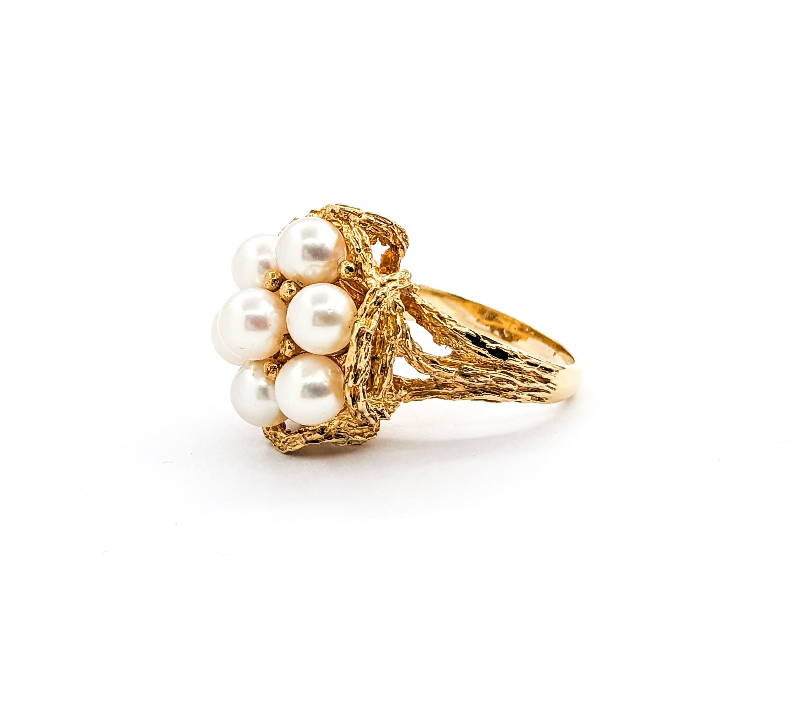 Vintage Pearl Cluster Cocktail Ring In Yellow Gold For Sale 5