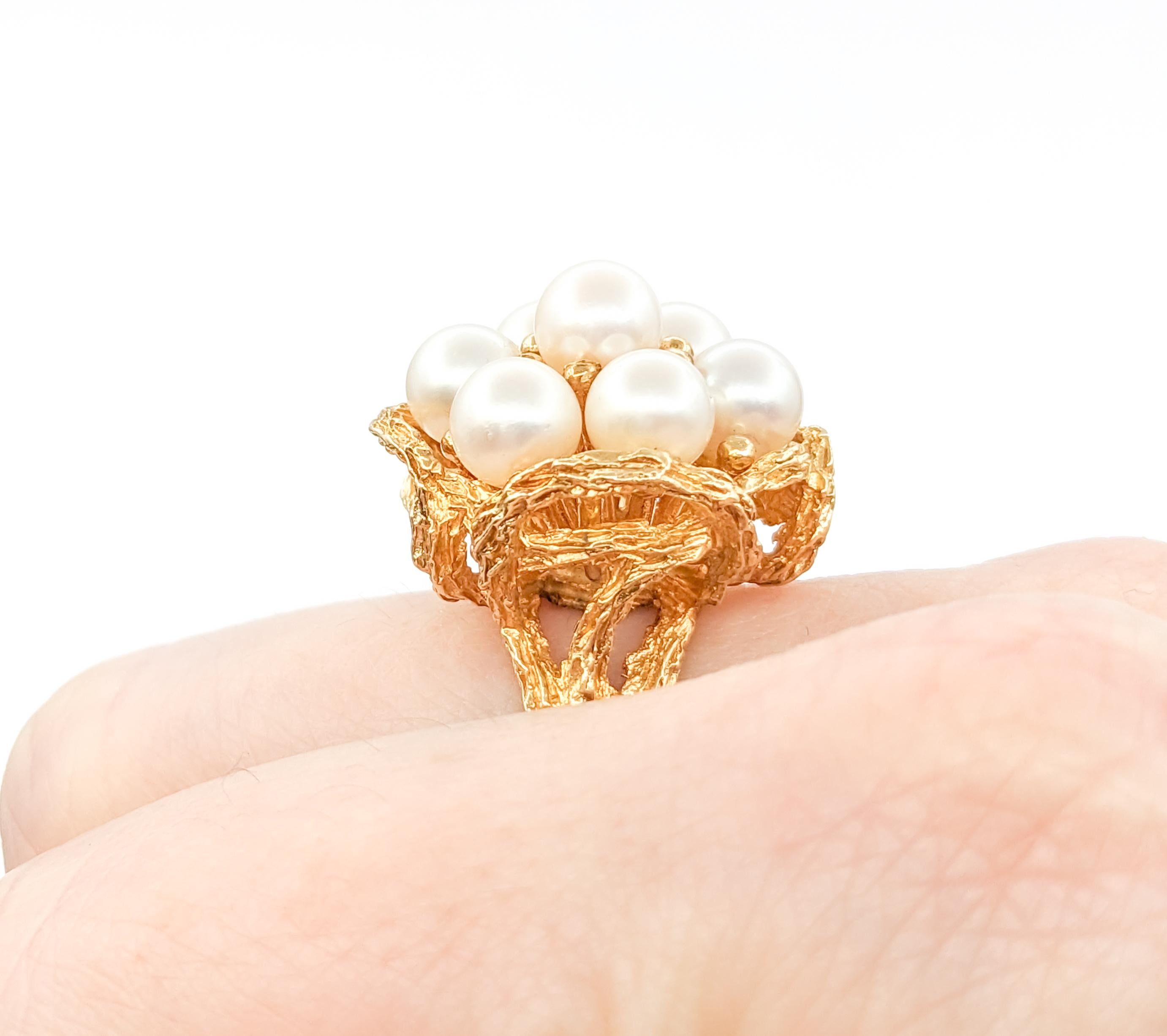 Modern Vintage Pearl Cluster Cocktail Ring In Yellow Gold For Sale