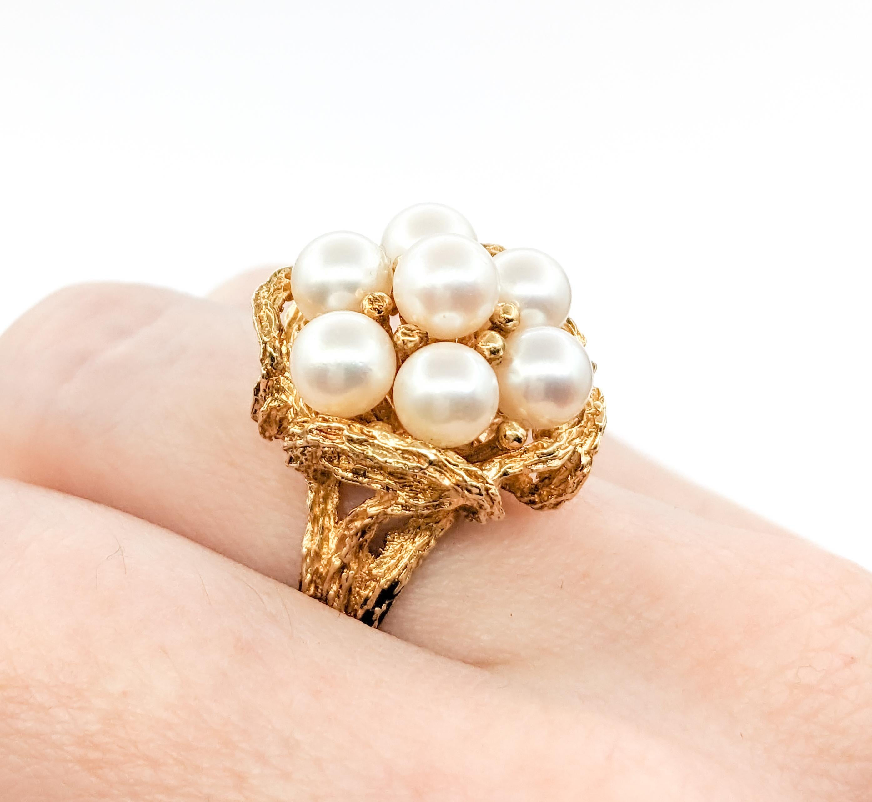 Round Cut Vintage Pearl Cluster Cocktail Ring In Yellow Gold For Sale