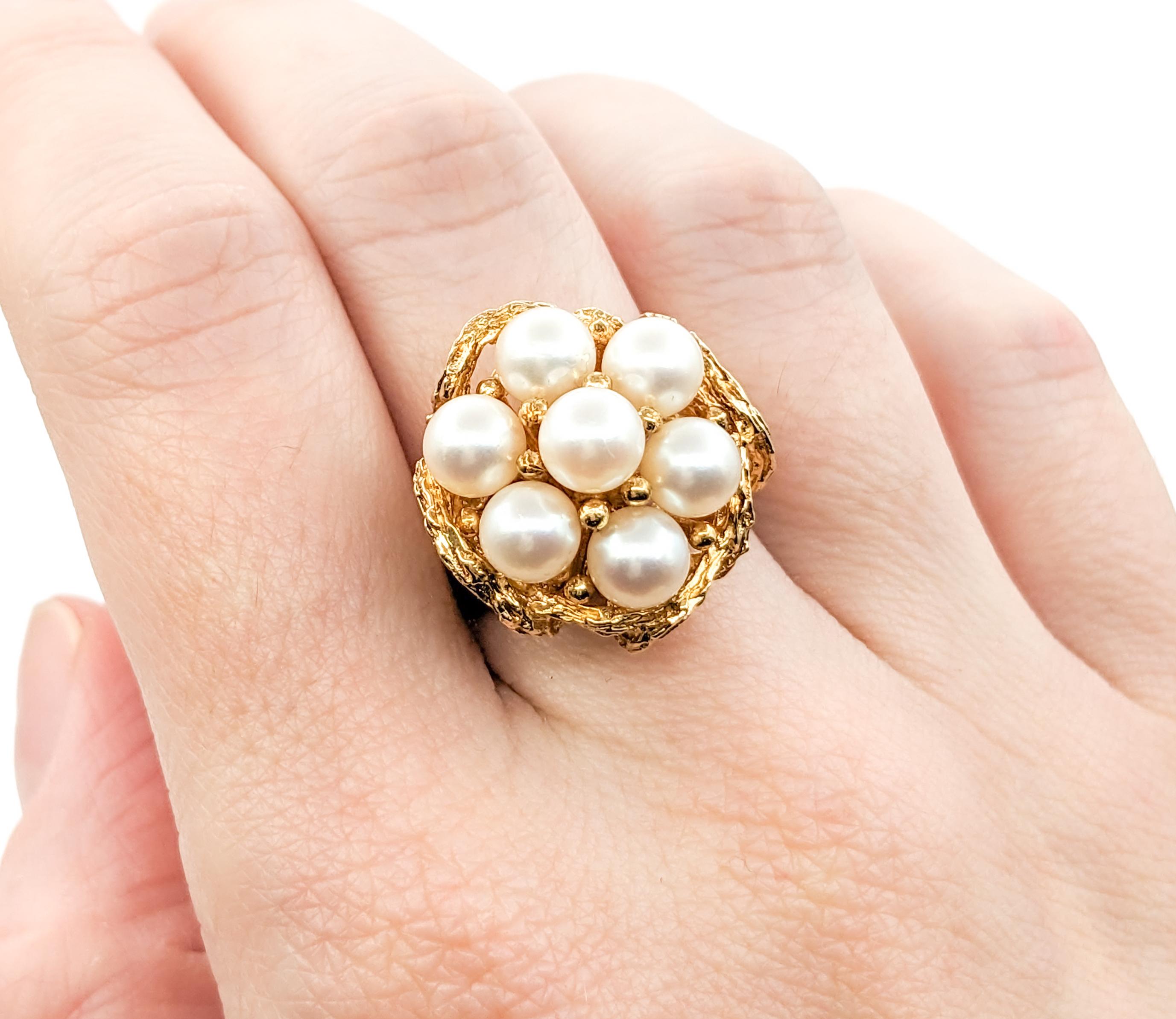 Vintage Pearl Cluster Cocktail Ring In Yellow Gold In Excellent Condition For Sale In Bloomington, MN