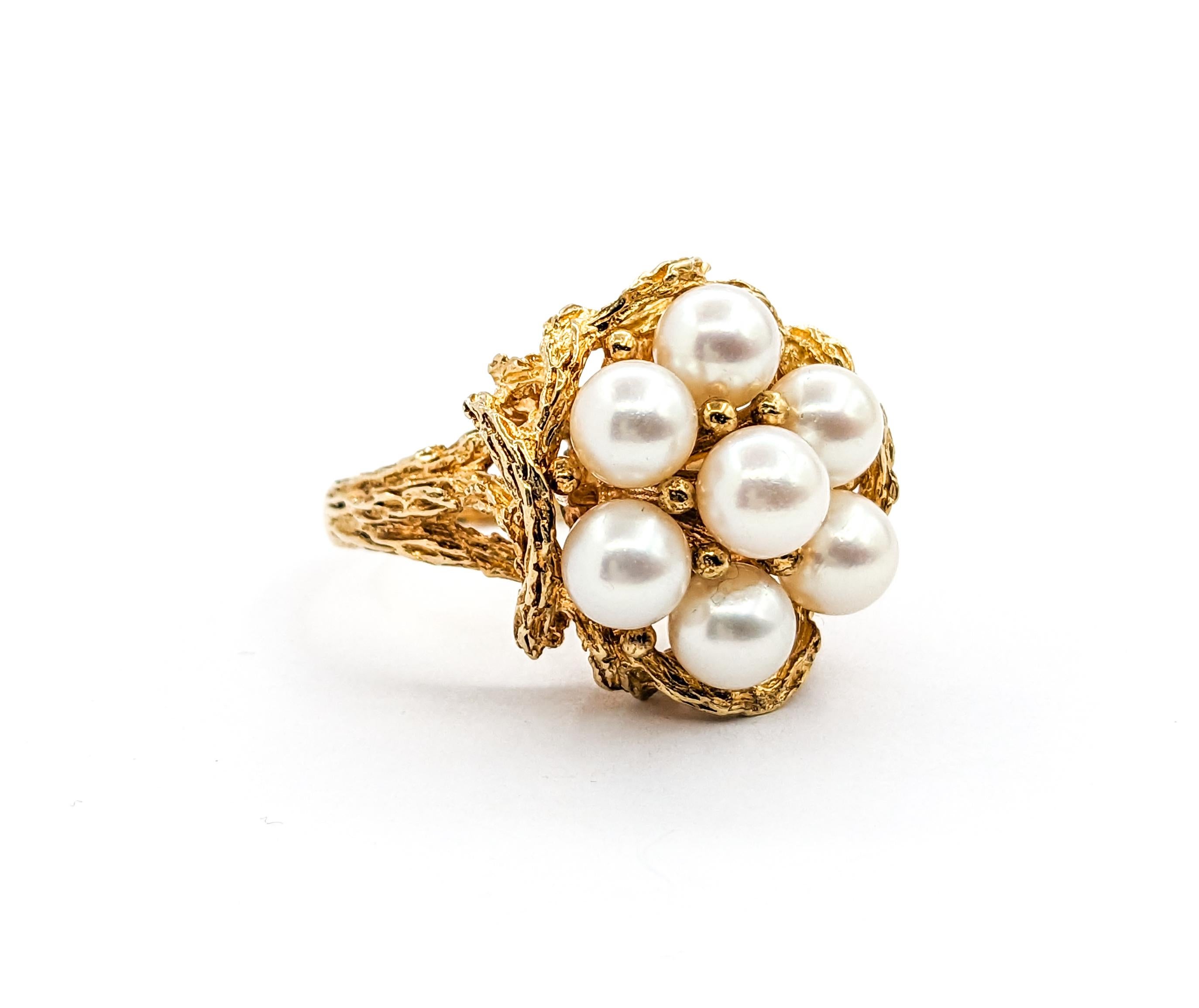 Women's Vintage Pearl Cluster Cocktail Ring In Yellow Gold For Sale
