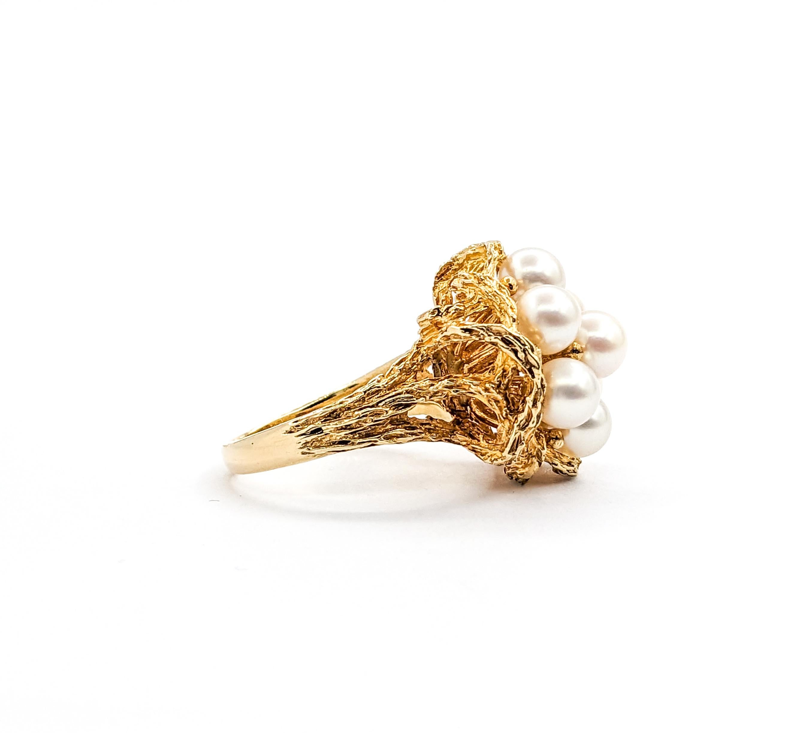 Vintage Pearl Cluster Cocktail Ring In Yellow Gold For Sale 1