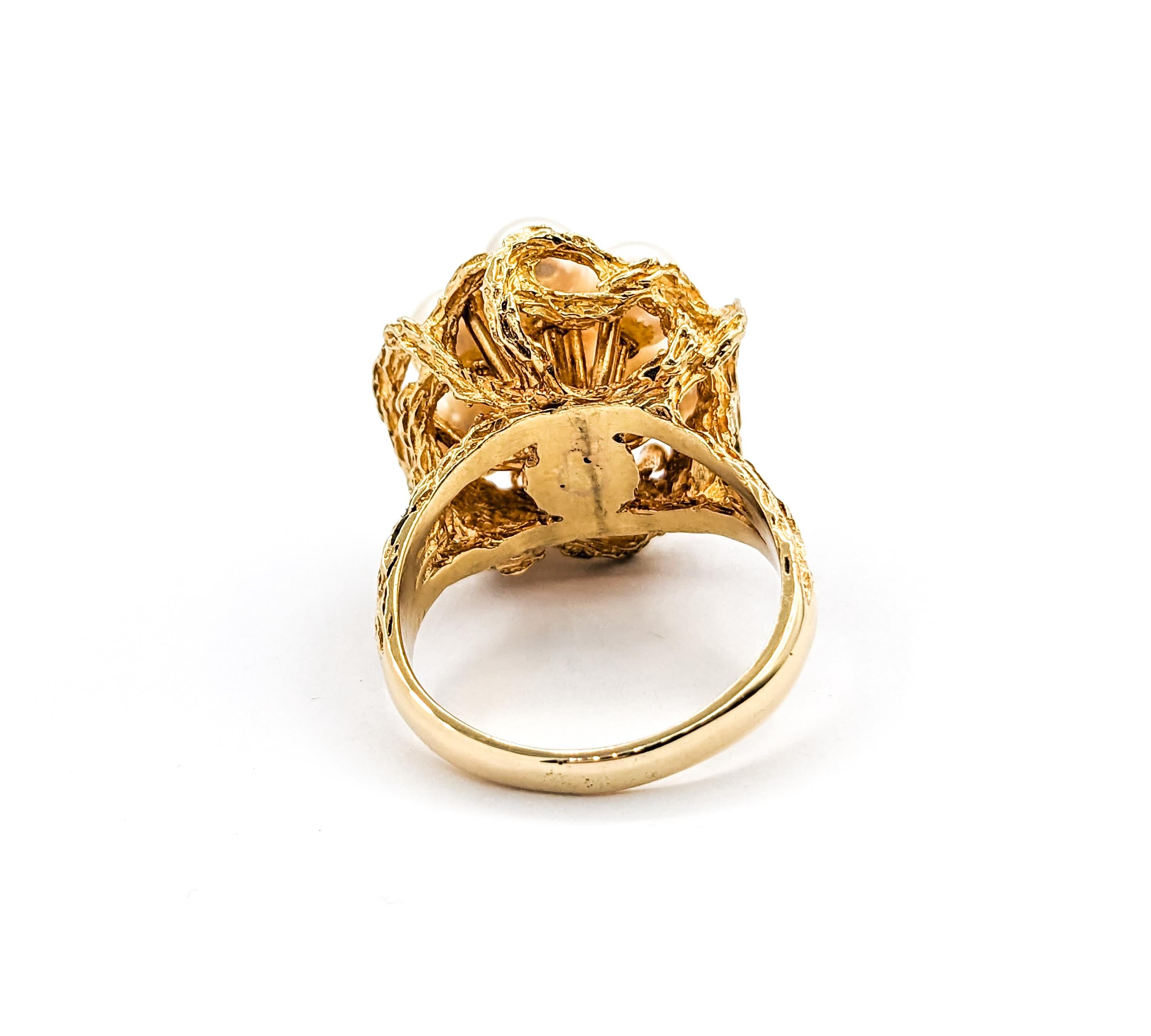 Vintage Pearl Cluster Cocktail Ring In Yellow Gold For Sale 3