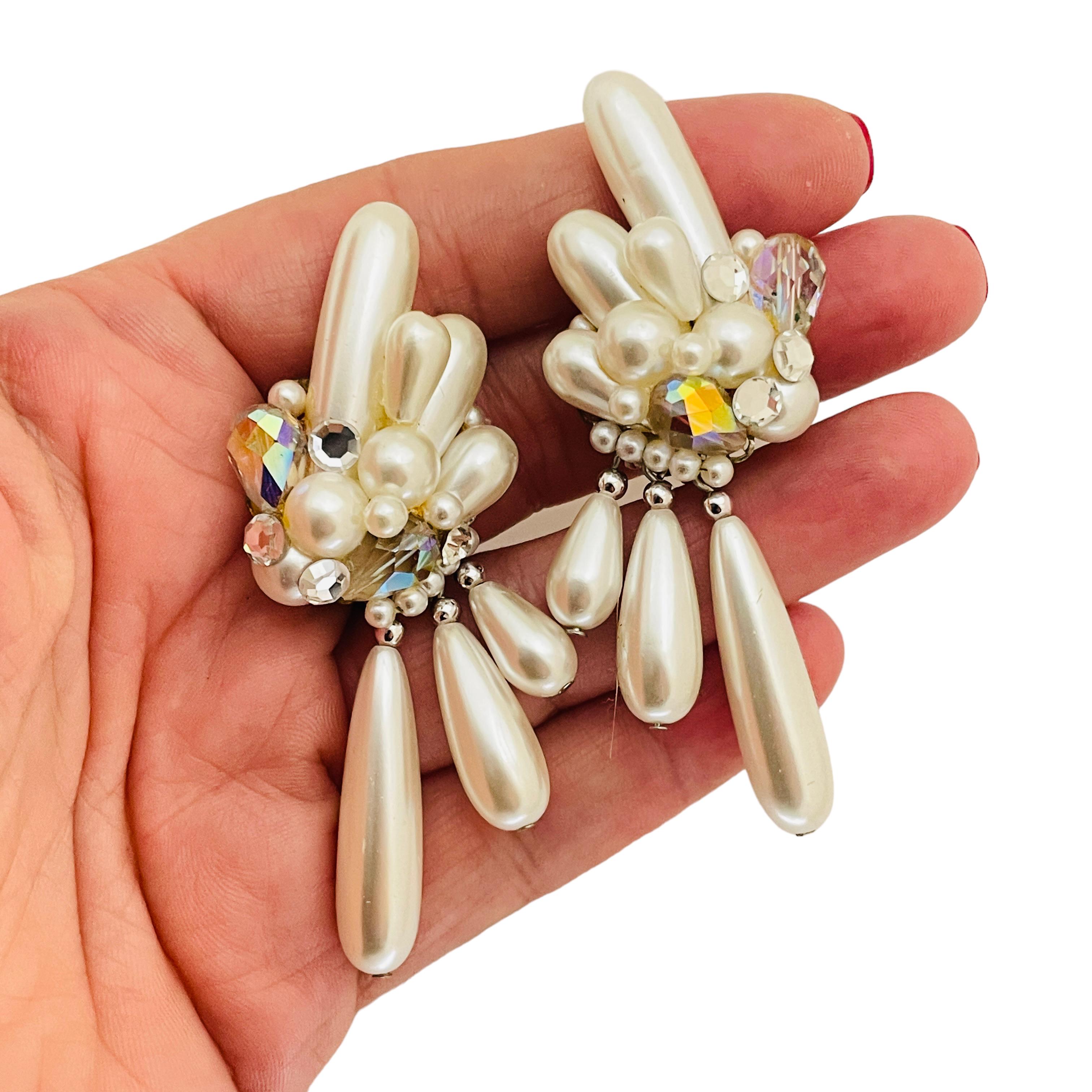 Vintage Perle Kristall Tropfen Clip auf 80er Jahre Ohrringe   im Zustand „Hervorragend“ im Angebot in Palos Hills, IL