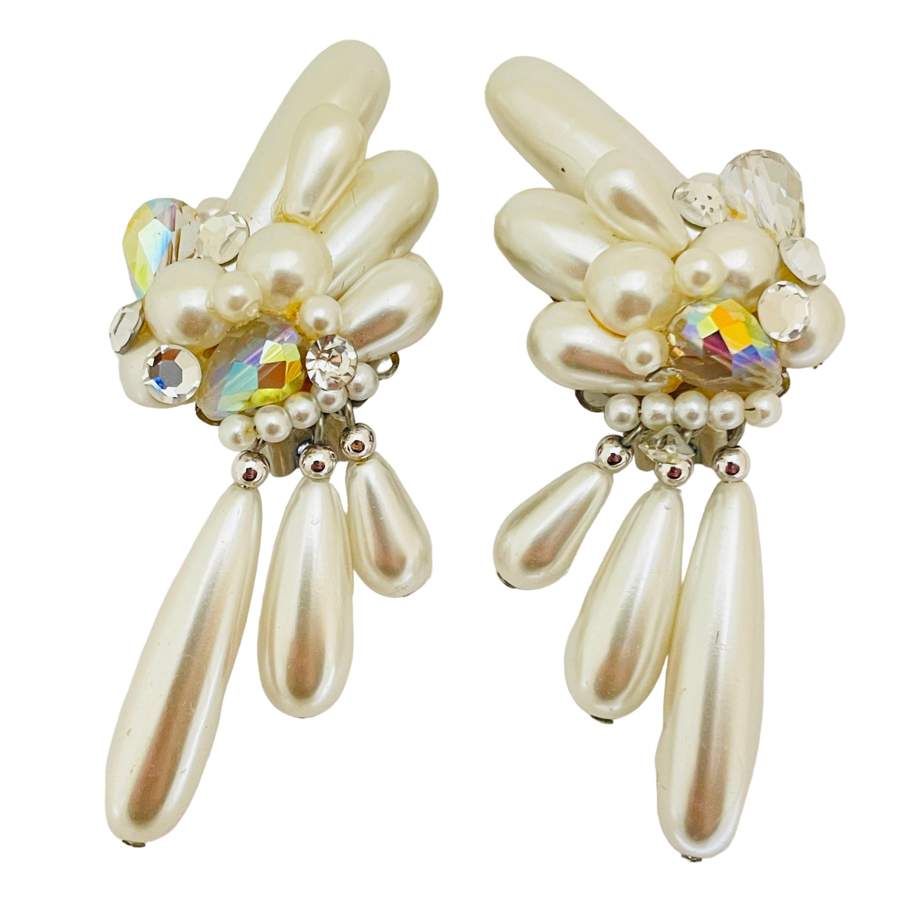 Women's or Men's Vintage pearl crystal drop clip on 80’s earrings   For Sale